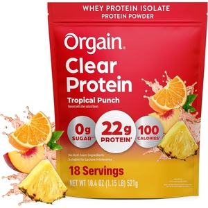 image:imageOrgain Clear Whey Isolate Protein Powder Tropical Punch 22g Protein 0g Sugar Suitable for Lactose Intolerance No Artificial Color No AntiFoaming Agent No Soy Ingredients 184oz 18 ServingsTropical Punch